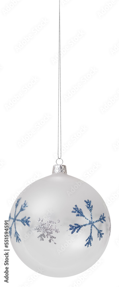 Christmas glass bauble ball decorated with snowflake in glitter pearled blue and silver pattern, isolated on transparent background, hanging with chain, object for label, banner or gift greeting card Christmas glass bauble ball decorated with snowflake in glitter pearled blue and silver pattern, isolated on transparent background, hanging with chain, object for label, banner or gift greeting card