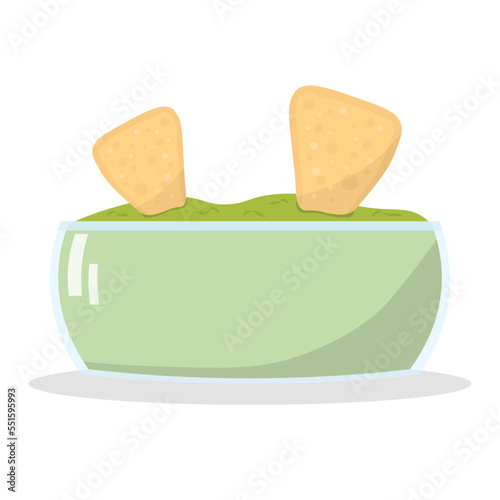 Guacamole with nachos - traditional Mexican latin american sauce made from avocado. Ceramic bowl with guacamole sauce and  tortilla chips. Vector flat illustration isolated on white.