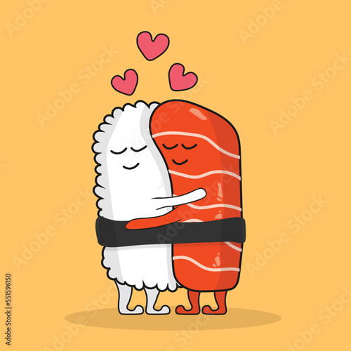 Cute Sushi Salmon Couple Hug Cartoon Vector Icon Illustration. Food Love Icon Concept Isolated Premium Vector. Flat Cartoon Style