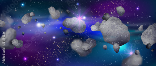 3D asteroid space background, cosmos game meteorite, vector neon galaxy sci-fi moon stones. Universe astronomy rocks, grey flying meteoroid texture. 3D asteroid system debris belt science concept