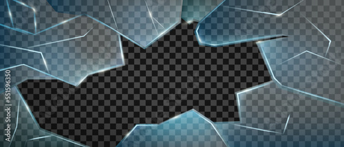 Broken glass vector screen, crack windshield background, burglary smashed window damage concept. Sharp realistic fragment illustration transparent banner. Broken glass texture frame, crushed hole