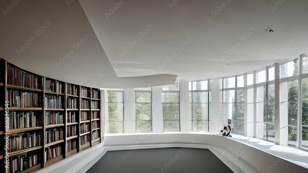 interior of bright modern library with large windows background ...