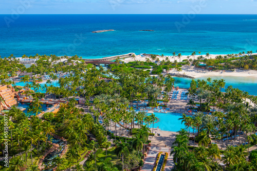Paradise Beach aerial view with Royal Baths Pool and Paradise Lagoon at Atlantis on Paradise Island, Bahamas. photo