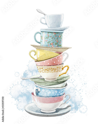 Watercolor vintage stack of various porcelain and glass colorful tea cups on table isolated on white background. Hand drawn illustration sketch