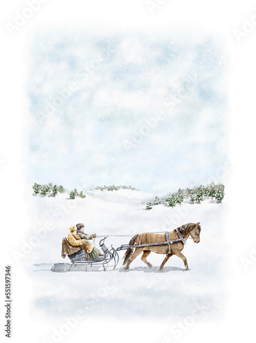 Watercolor vintage couple riding a horse sleigh on snow in winter landscape isolated on white background. Hand drawn illustration sketch