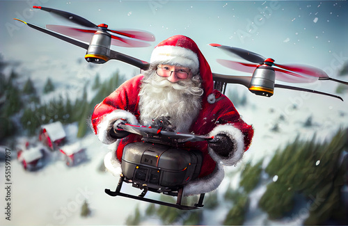 Santa Claus Flying on a drone to deliver Xmas gifts, Generative art © Color.co