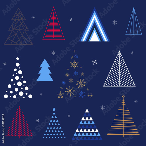 Christmas tree set, geometric linear graphic vector set, abstract modern winter tree collection