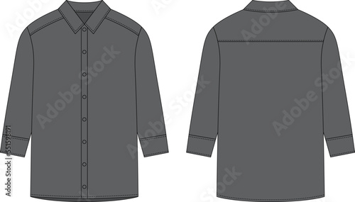 Oversized shirt with long sleeves and buttons technical sketch. Grey color. Unisex casual shirt mock up.