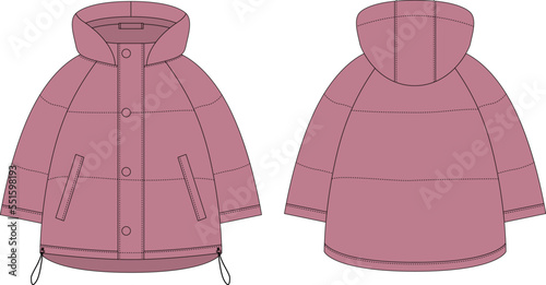 Ooversized raglan puffer winter down coat technical sketch. Pudra color