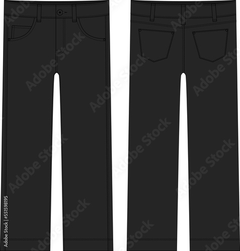 Children's classical jeans technical sketch. Black color. Denim casual clothes.