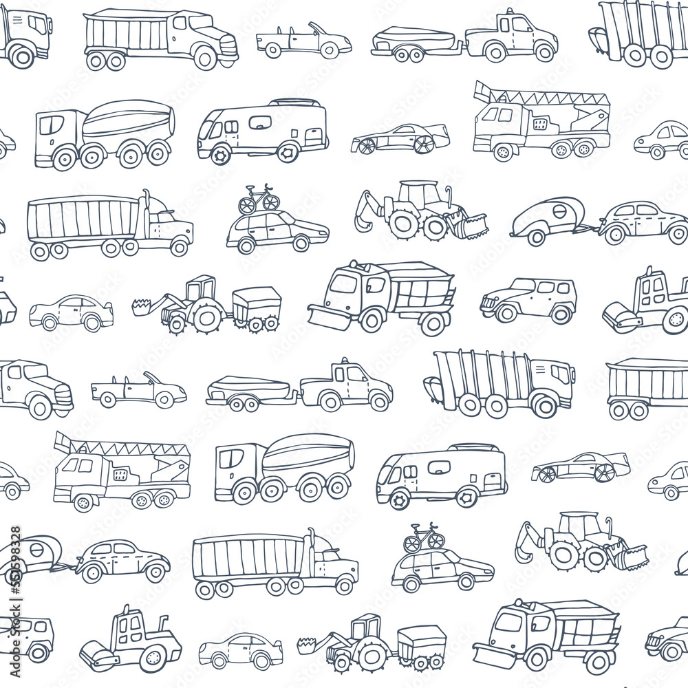 Cars building vector seamless pattern.