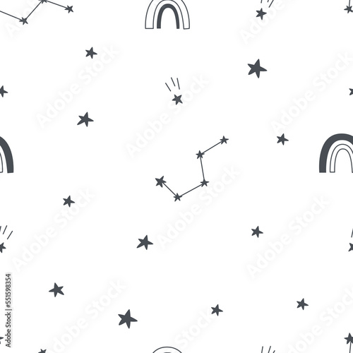 Cute seamless space world pattern, stars and rainbow on pink background. Vector illustration for printing on fabric, wrapping paper. Cute baby background for girls.