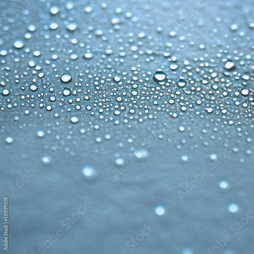 Closeup view of water drops on a blue background, partially blurred