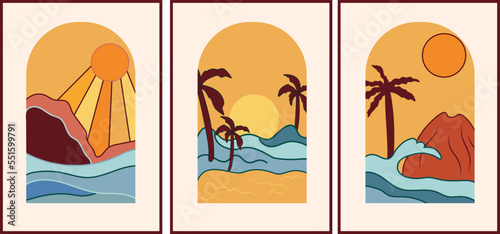 Vintage Sunset with the sea and a palm trees. Set Minimal background. Sunrise in the Morning, perfect for icon and symbols, poster, postcard, logo. Vector illustration