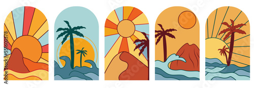 Sunset in the sea with a palm tree. Set background sunrise. Minimal sunset poster, perfect for icon and symbols, poster, postcard, logo. Vector illustration