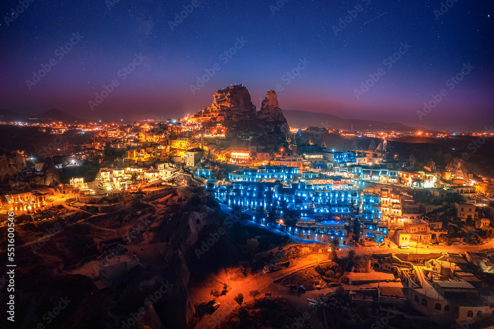 Night landscape with star Ancient town of Uchisar castle at sunset, Cappadocia Turkey