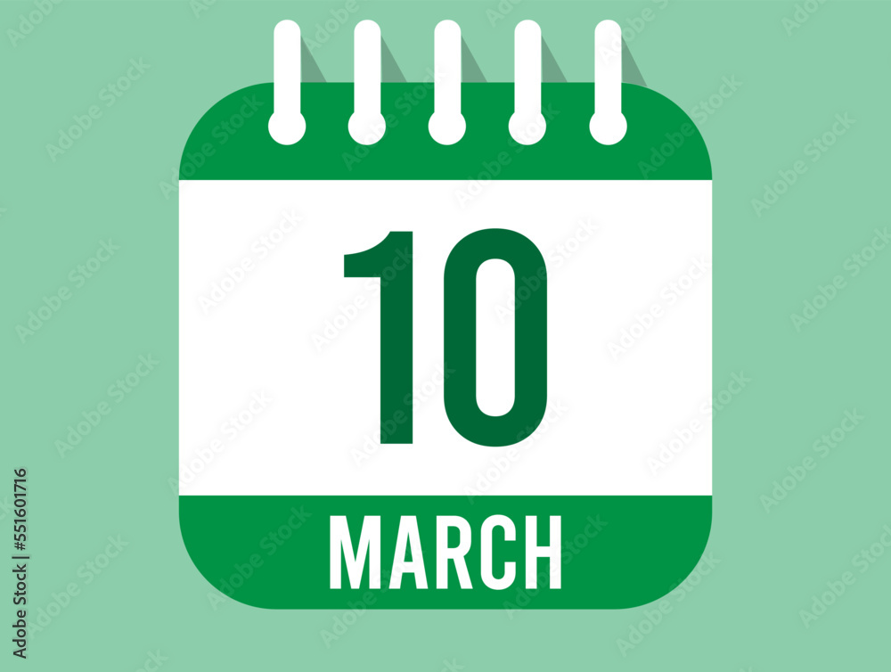 10 March day calendar icon. Calendar page in green color for the days of March. Month design for appointments and anniversaries 10 March day calendar icon. Calendar page in green color for the days of March. Month design for appointments and anniversaries