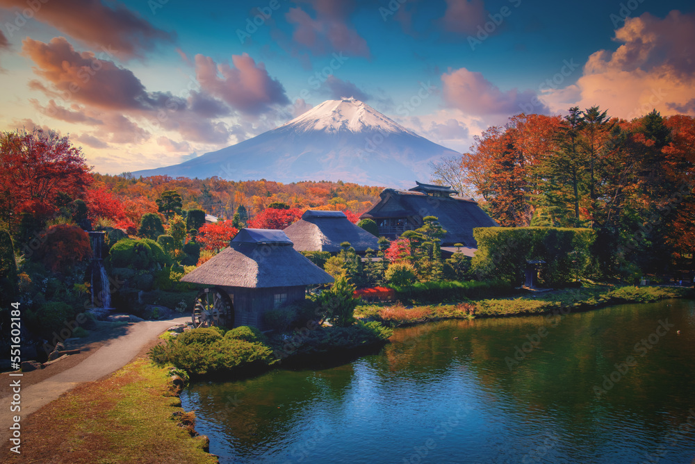 The ancient Oshino Hakkai village with Mt. Fuji in Autumn Season at Minamitsuru District, Yamanashi Prefecture, Japan.