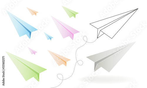 Vector colorful paper line origami airplanes on white background