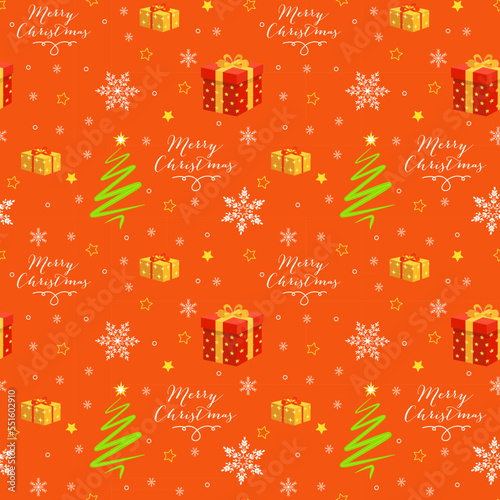Christmas vector seamless pattern, Christmas gift, snowflakes, green Christmas tree and Marry Christmas frase on bright orange background. New year vector design. Wrapping paper for Christmas gift 