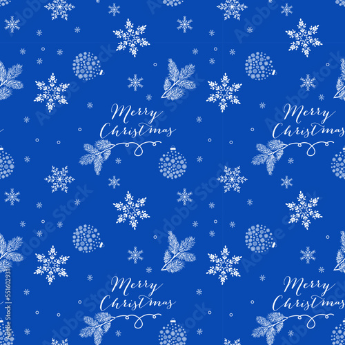 Christmas vector seamless pattern with Christmas tree, christmas ball and snowflakes and Marry Christmas frase on bright blue background. New year vector design. Wrapping paper for Christmas gift 