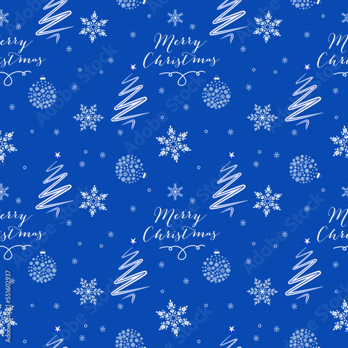 Christmas vector seamless pattern with Christmas tree, christmas ball and snowflakes and Marry Christmas frase on bright blue background. New year vector design. Wrapping paper for Christmas gift 