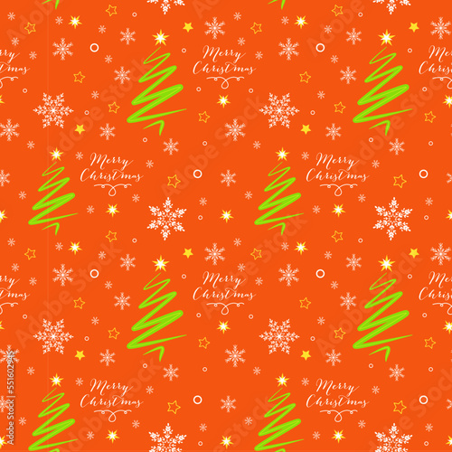 Christmas vector seamless pattern with green Christmas tree and snowflakes, stars and Marry Christmas frase on bright orange background. New year vector design. Wrapping paper for Christmas gift boxes