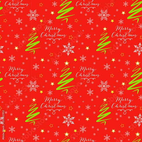 Christmas vector seamless pattern with green Christmas tree and snowflakes, stars and Marry Christmas frase on bright red background. New year vector design. Wrapping paper for Christmas gift boxes
