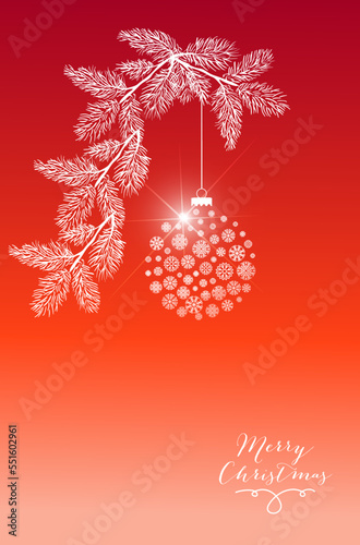 Christmas card with Christmas tree, chrismas ball  and Marry Christmas frase on bright red background. New year vector line design. Flat vector illustration, isolated objects.