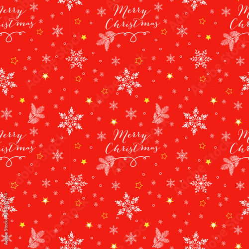Christmas vector seamless pattern with Christmas tree and snowflakes, stars and Marry Christmas frase on bright red background. New year vector design. Cartoon style. Wrapping paper for Christmas gift