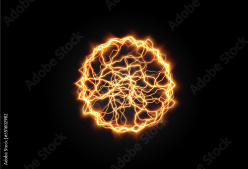 Powerful ball lightning gold png. A strong electric charge of energy in one ring. Element for your design, advertising, postcards, invitations, screensavers, websites, games.	