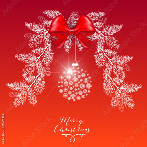 Christmas card with Christmas tree, chrismas ball  and Marry Christmas frase on bright red background. New year vector line design. Flat vector illustration, isolated objects.