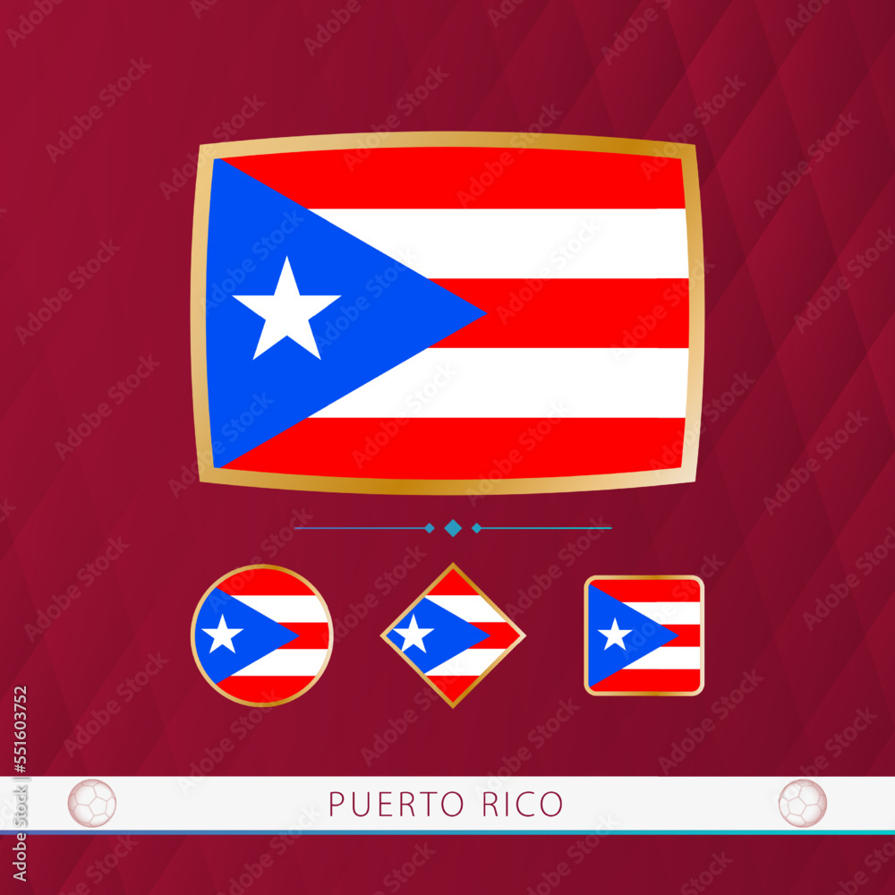 Set of Puerto Rico flags with gold frame for use at sporting events on a burgundy abstract background.