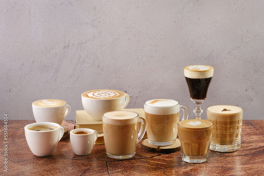 Coffee latte set with various topping and decor Coffee latte set with various topping and decor