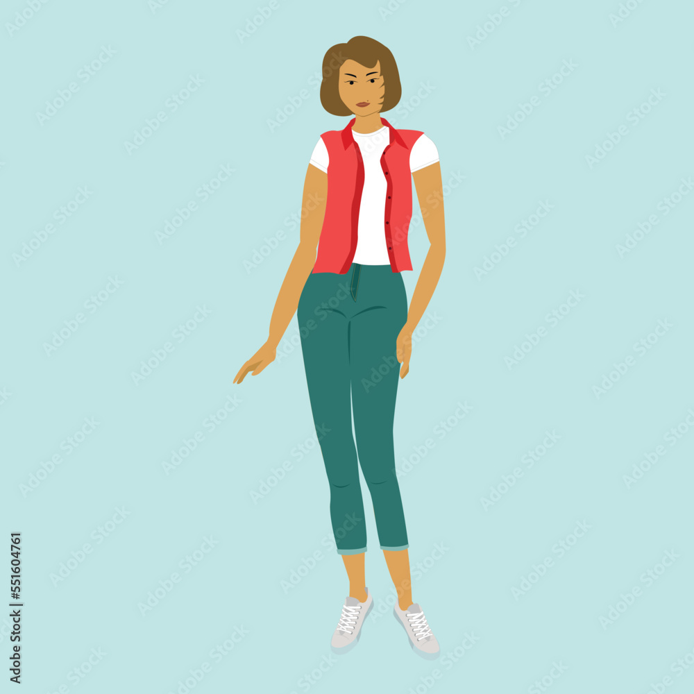 A woman in cropped jeans, a white T-shirt and a red vest. Fashion. Style. Vector illustration.