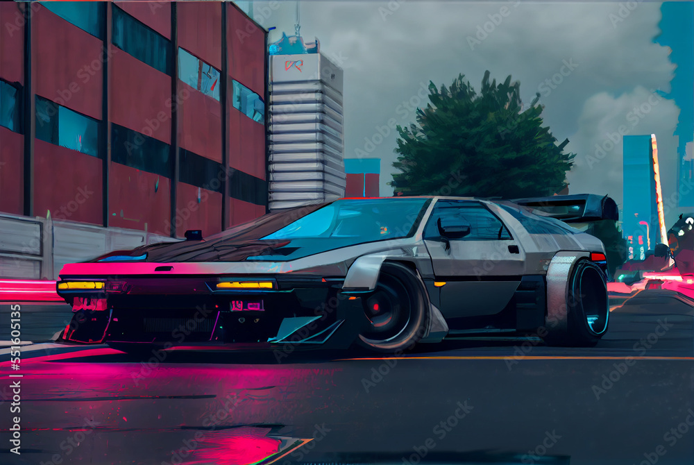 Sports cyberpunk futuristic car on a neon cyberpunk background in the