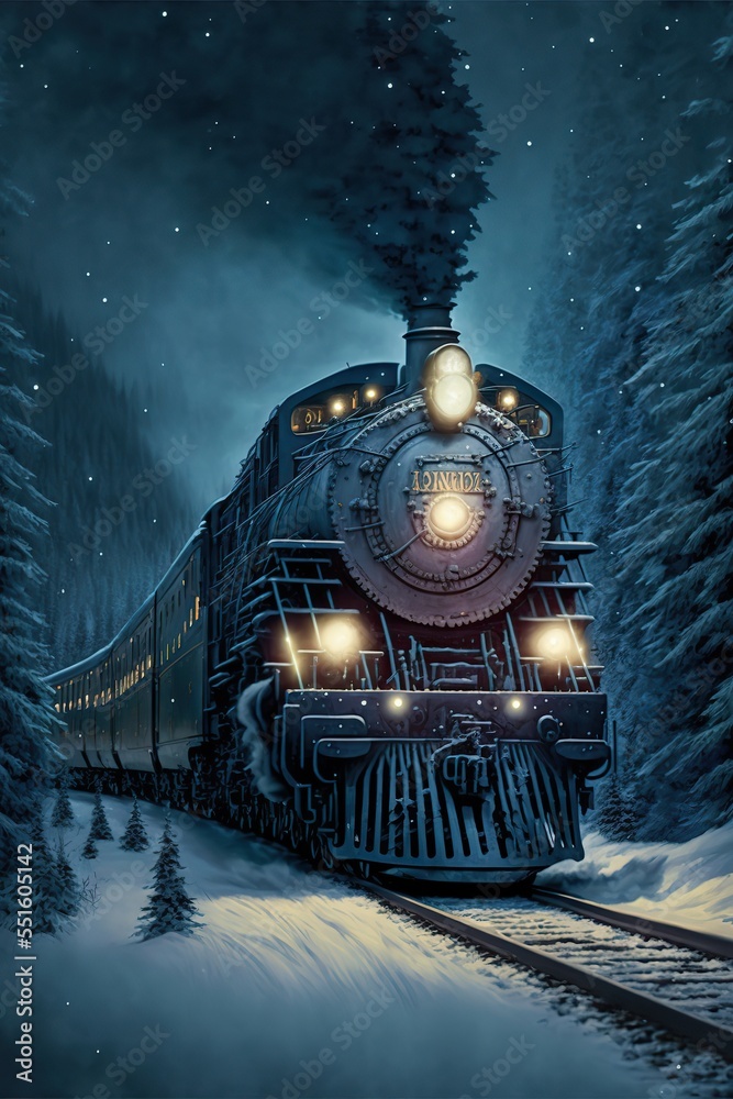 Φωτογραφία Vintage steam locomotive traveling at night trough the snow covered Christmas tr