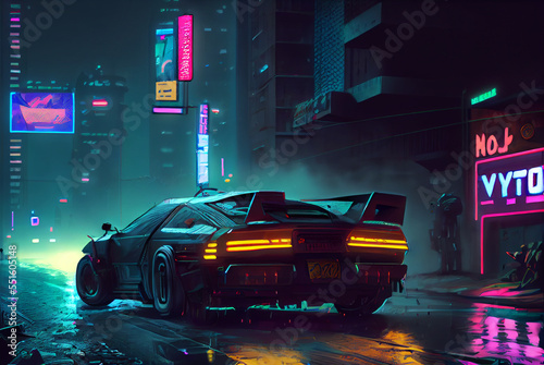 Sports cyberpunk futuristic car on a neon cyberpunk background in the style of the 80s. generative ai photo