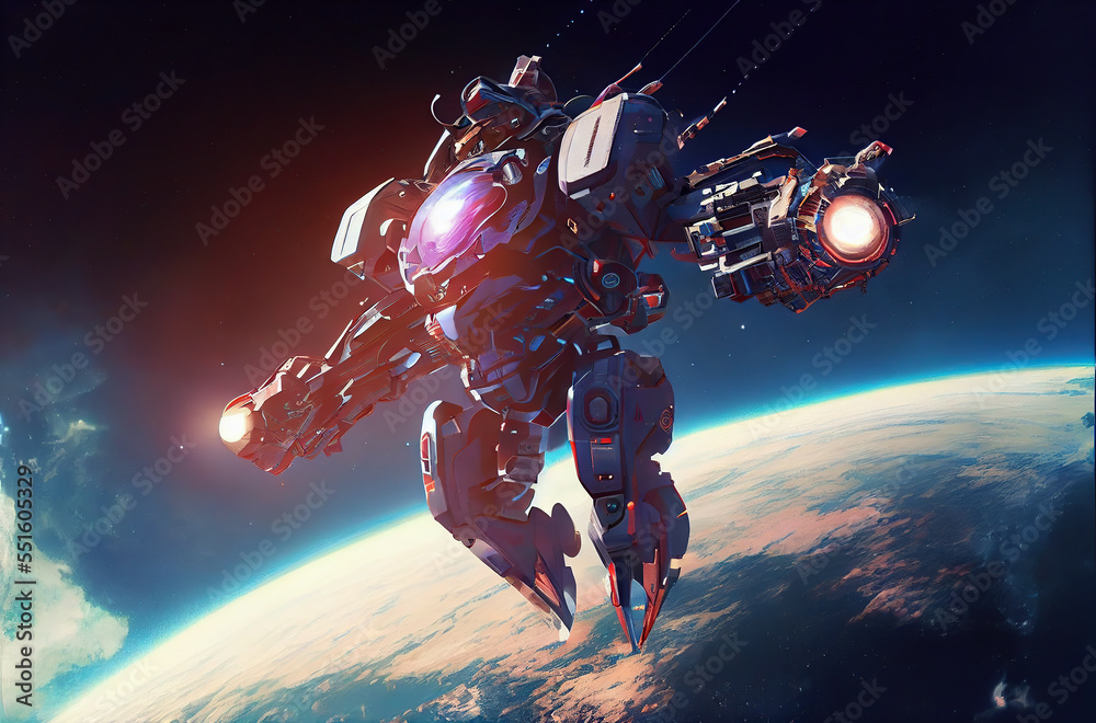a giant robot flying in space. Planet background. Fantasy a giant robot flying in space. Planet background. Fantasy