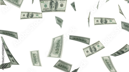 Several banknotes of money flying  on a white background. 100 dollars. American dollar. 3d rendering.