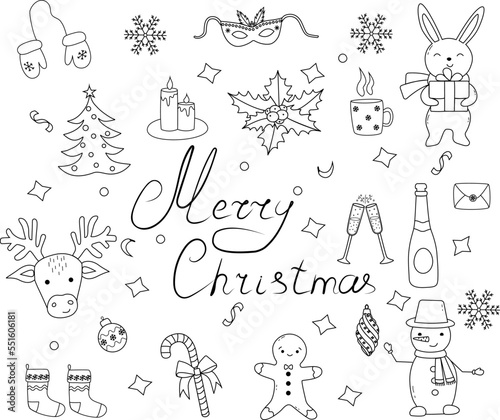 Hand drawn xmas illustrations.Set of christmas new year . Vector doodle illustration