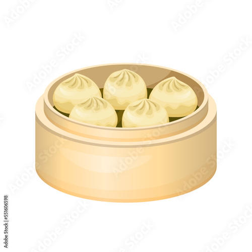 Dumplings Dim Sum in bamboo steamer. Traditional chinese dish. Asian food. Colorful vector illustration isolated on white background.
