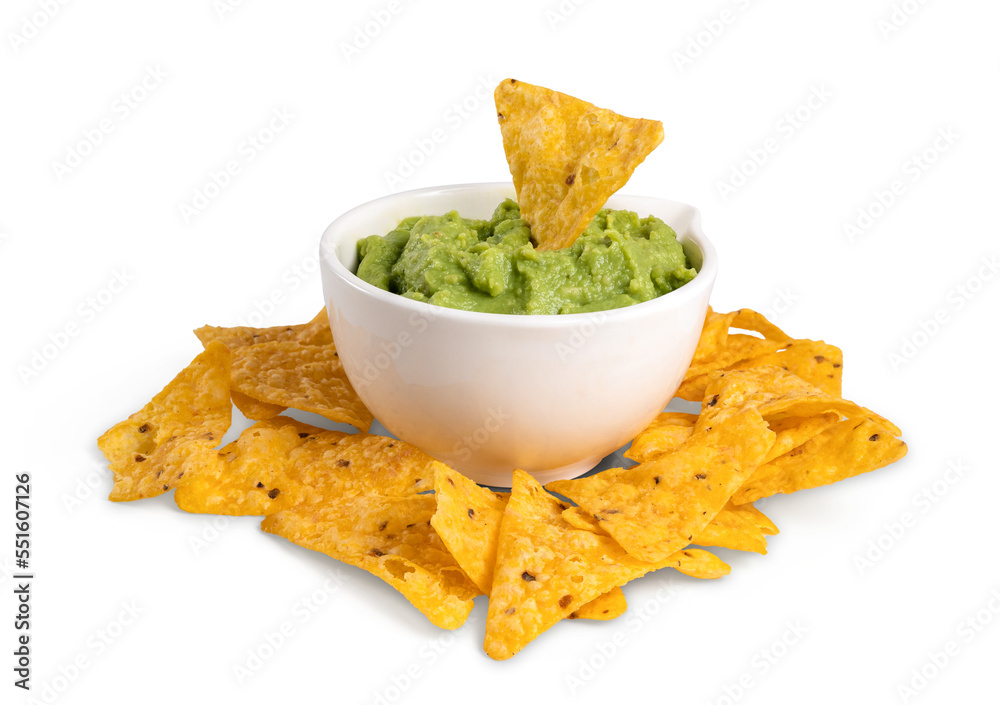Bowl of guacamole with nachos isolated from the white background Bowl of guacamole with nachos isolated from the white background