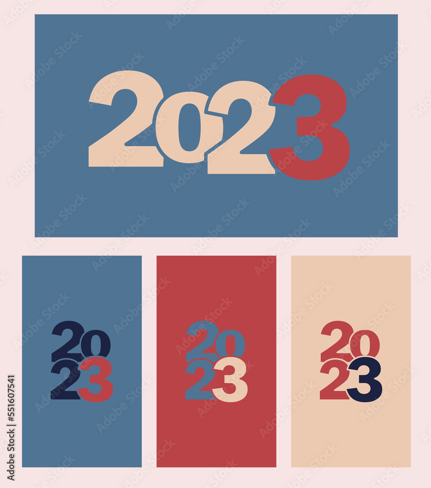 Happy New 2023 Year set. Retro design template 2023 for branding, banner, cover, invitation card.