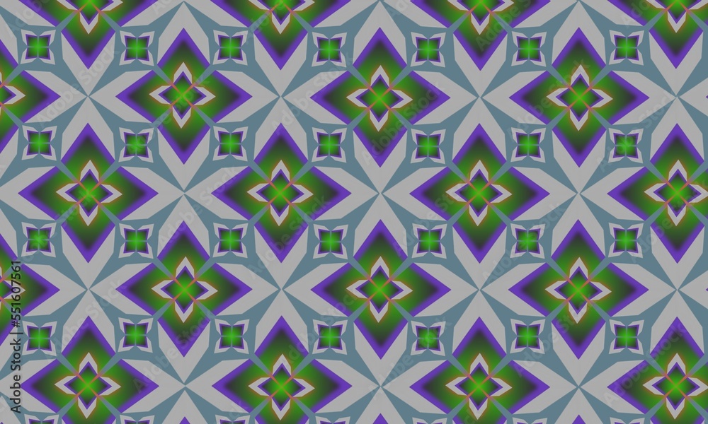 illustration, the background forms a batik image, the colors green gray and purple, batik is typical of Indonesia,