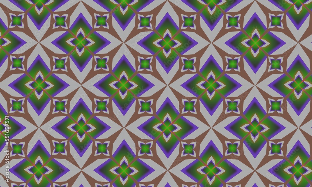 illustration, the background forms a batik image, the colors green gray brown and purple, batik is typical of Indonesia,