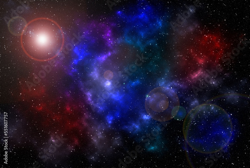 Space background with stardust and shining stars. Realistic cosmos and color nebula. Planet and milky way. Colorful galaxy. 3d illustration © soso