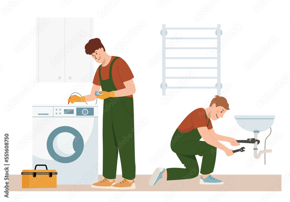 Home craftsmen and repairmen. Renovation workers professional plumber and engineer at work, they are checking the washing machine and home plumbing. Vector cartoon flat concept