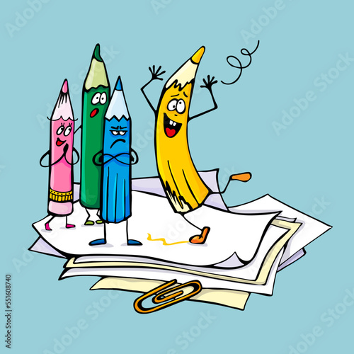 Crazy yellow cheerful pencil and colorful pencils with different emotions and stationery