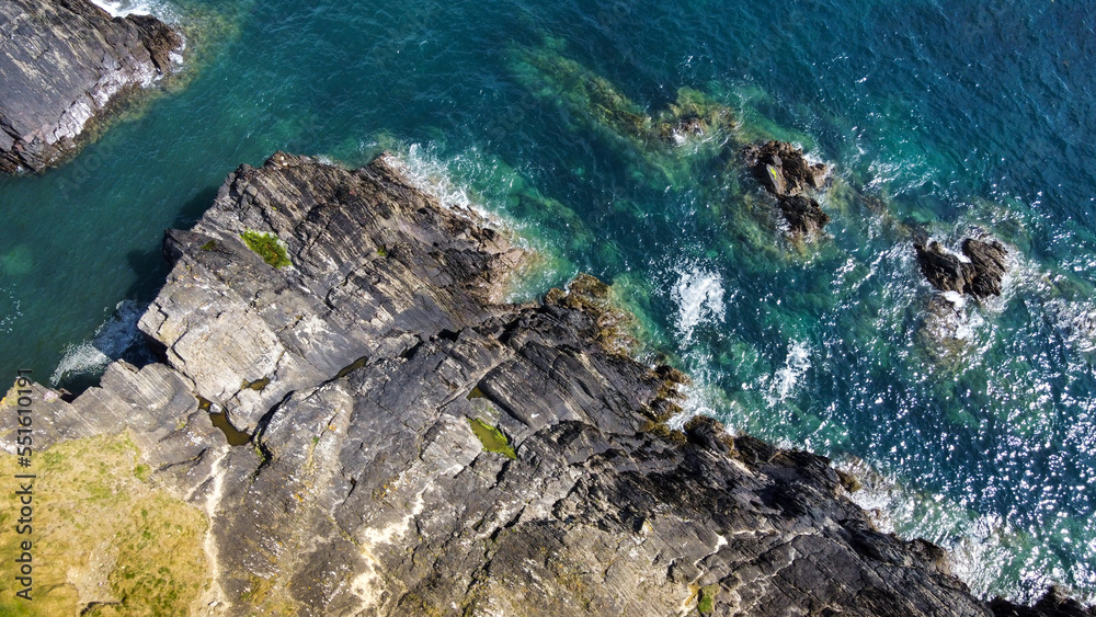Epic cliffs of Ireland. The picturesque coast of the Celtic Sea, West Cork. Seascape, top view.